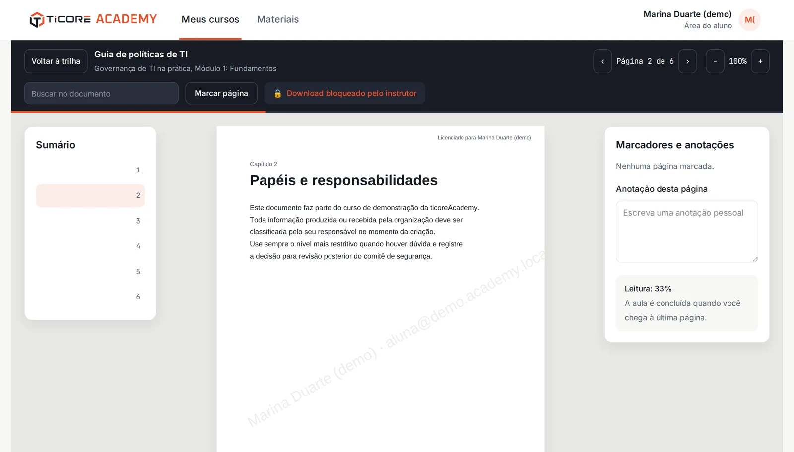 Leitor de PDF com sumário, busca, marcadores, anotações e marca d'água com o nome do aluno